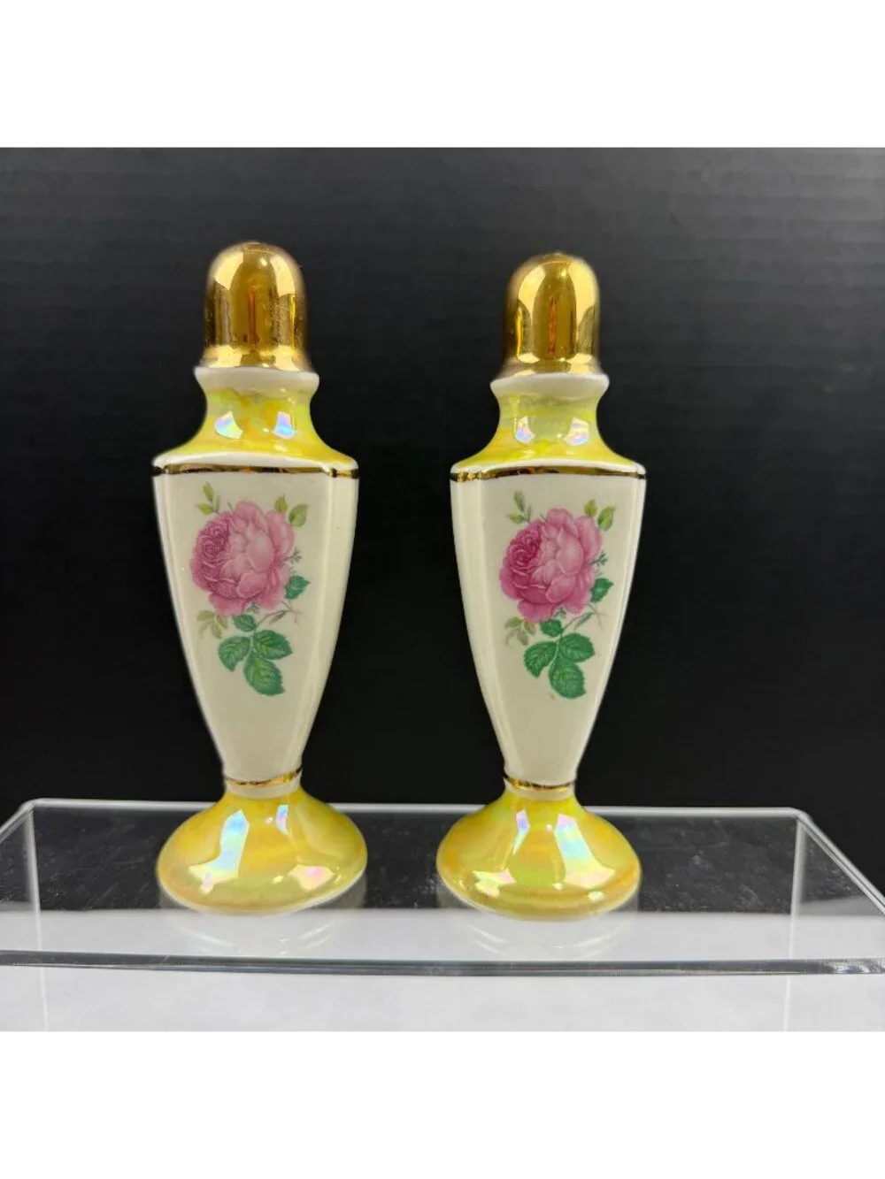 Vintage Salt and Pepper Shakers Yellow Lusterware Pink Rose